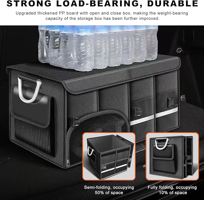 Car Trunk Organizer, 52L Collapsible Car Storage Waterproof Trunk Organizer with Lid & Handle, Multi Compartment Oxford Cargo