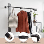 Clothes Hanger Pole Wall Mount, 72" Heavy Duty Detachable Black Iron Garment Bar Hanging Rod Holder, Clothes Rail Shelf Wardr