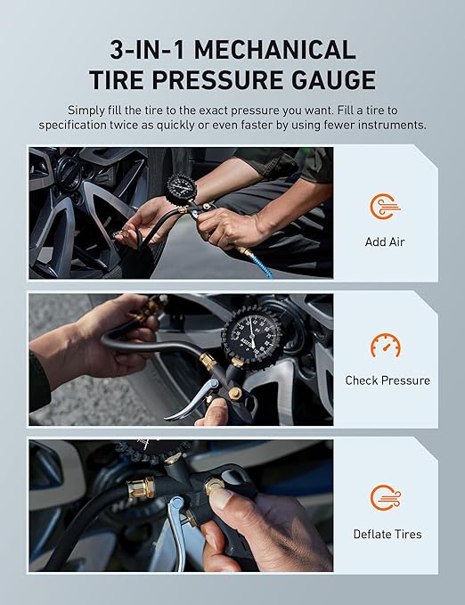 AstroAI Tire Pressure Gauge with Inflator, 100 PSI-ANSI B40.1 Accurate, Large 2.5" Easy Read Glow Dial, Heavy Duty Air Chuck and Compressor Accessories with Rubber Hose and Quick Connect Coupler