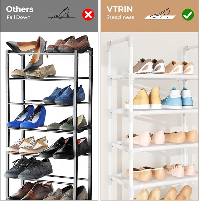 VTRIN 10 Tiers Tall Shoe Rack Holds 20-25 Pairs of Shoes Sturdy Vertical Shoe Organizer with 18pcs Hooks Stackable Narrow Sho
