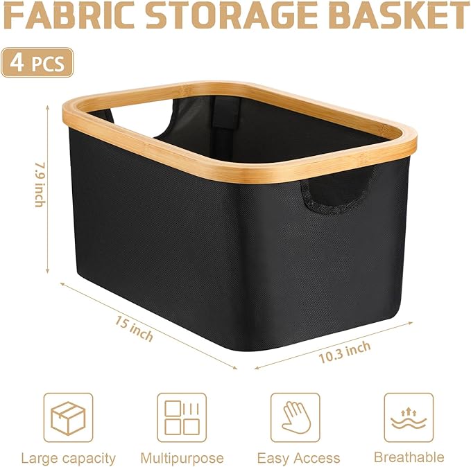 Hushee 4 Pcs Collapsible Storage Basket with Bamboo Handles 15"x10.3"x7.9" Foldable Fabric Storage Bins for Organizing Shelve