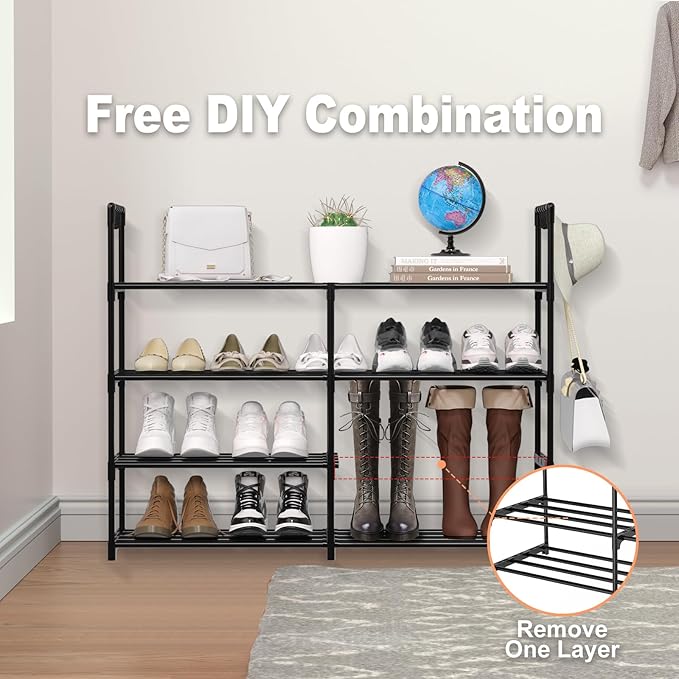 2 Rows 4 Tier Shoe Rack, Black Metal Stackable Shoe Shelf with Multifunctional Hooks, Hold 16-20 Pairs, Space Saving Shoe Org
