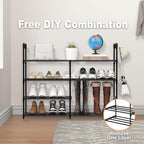 2 Rows 4 Tier Shoe Rack, Black Metal Stackable Shoe Shelf with Multifunctional Hooks, Hold 16-20 Pairs, Space Saving Shoe Org