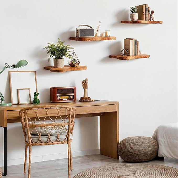 Pinkunn 4 Pcs Floating Shelves for Wall Wooden Live Edge Shelf Wall-Mounted Natural Solid Wood Bedroom Kitchen Storage Living