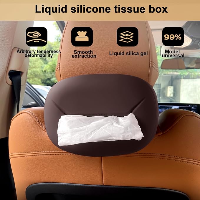 Car Tissue Holder, Silicone Tissue Box Cover with Adjustable Strap, Rectangular, Black, Dark Brown, Decorative, 7.4 * 5.1 * 2.5in