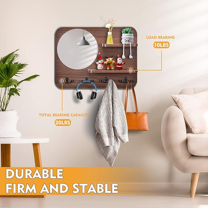 Coat Rack with Shelf Rustic Wooden Wall Mounted Hanging Coat Rack with Mirror Shelves and 4 Double Hooks Decorative Entryway 