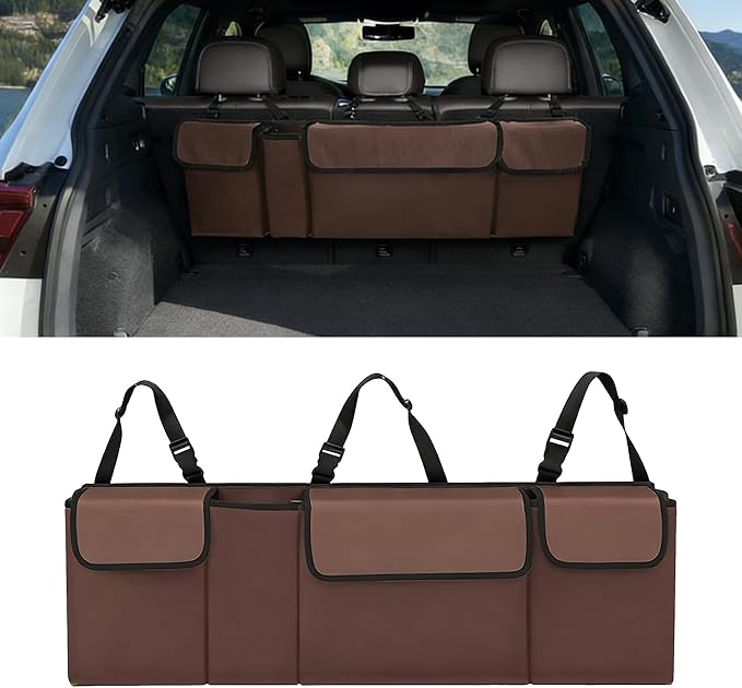 Car Trunk Organizer, Waterproof Backseat Hanging Large Storage with Adjustable Straps, Collapsible Cargo Bag with 4 Pockets,