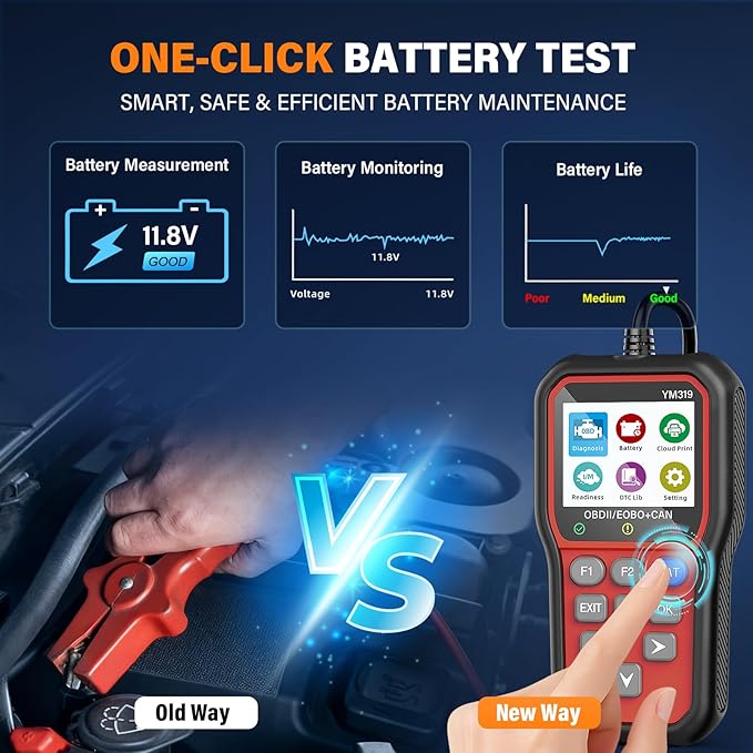 BluSon YM319 OBD2 Scanner Diagnostic Tool with Battery Tester, Check Engine Fault Code Reader with Live Data, Cloud Printing,