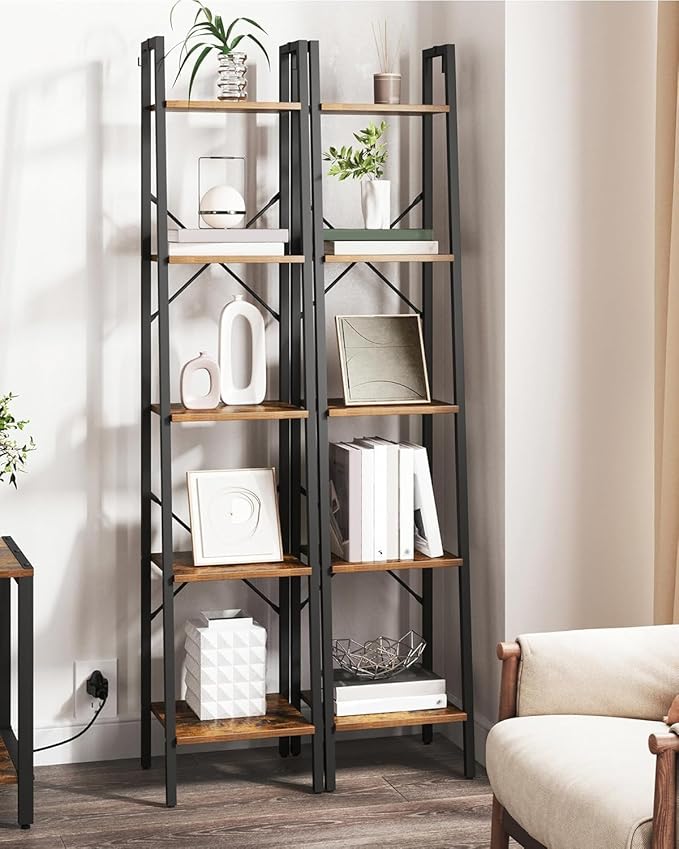 Hzuaneri Ladder Shelf, Bookshelf Bookcase, Freestanding Corner Storage Shelve with 2 Hooks for Home Office, Living Room, Kitc