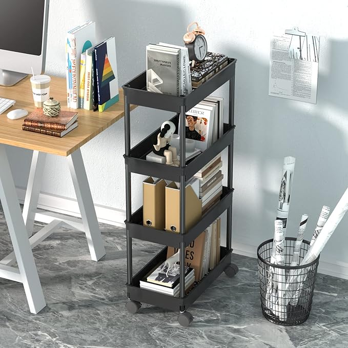 Sooyee 4 Tier Wide Storage Cart Mobile Shelving Unit Organizer Slide Out Storage Rolling Utility Cart Tower Rack for Kitchen 