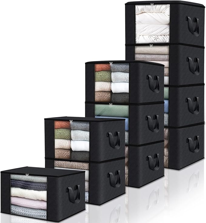 Fab totes 10 Pack Clothes Storage, Foldable Thick Fabric Blanket Storage Bags, Containers for Organizing Bedroom, Closet, Clo