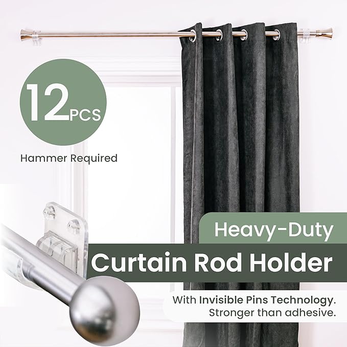 No Adhesive Heavy Duty Curtain Rod Holders with Wide Hook, 5X Stronger Than Adhesive Curtain Rod Hooks,Tension Curtain Rod Br