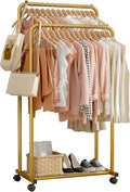 Sakugi Clothes Rack - Clothing Rack with Storage Mesh Shelf & Casters, Heavy-Duty Metal Clothing Rack for Hanging Clothes, Dr
