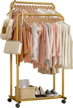Sakugi Clothes Rack - Clothing Rack with Storage Mesh Shelf & Casters, Heavy-Duty Metal Clothing Rack for Hanging Clothes, Dr