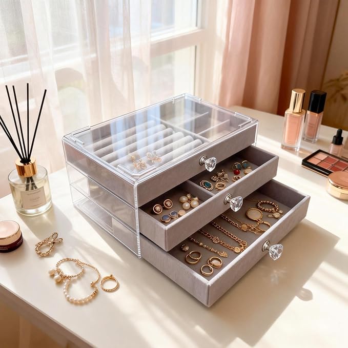Clear Acrylic Velvet Jewelry Organizer with 3 Drawers, Stackable Display Storage Earrings Necklace Rings Bracelets Box Holder