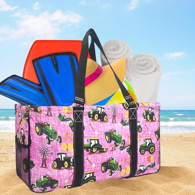NGIL Extra Large Utility Tote Reusable Grocery Bag Oversized Collapsible for Groceries, Storage, Picnic, Beach (Tractor Farm-Black)
