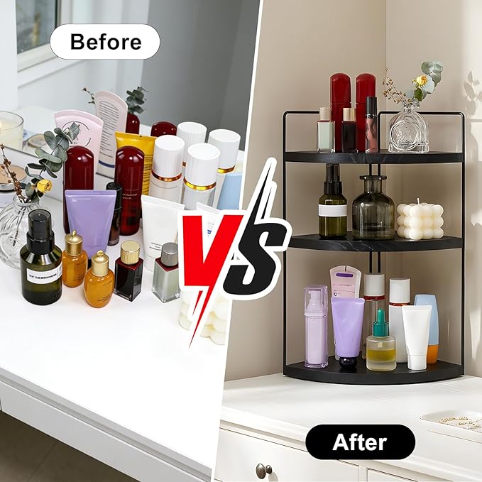 Corner Bathroom Counter Organizer Countertop Black, 2 Pack 3 Tier Corner Shelf Wood Vanity Tray Easy Assembly Space Saving Sh