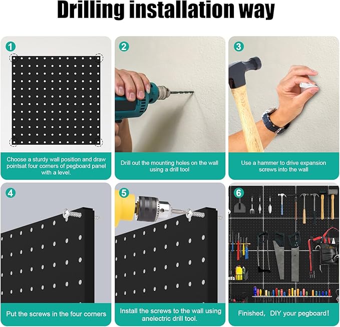 Peg Board, 6 Pack 12"x12" Black Metal Pegboard Panels Pegboards Wall Organizer with Bent Frame Large Heavy Duty Peg Board for