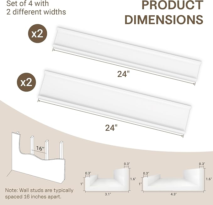 Fun Memories Picture Ledge Shelf - 24 Inches Floating Shelves Set of 4 - Floating Shelves with Lip for Storage - Wood Bookshe