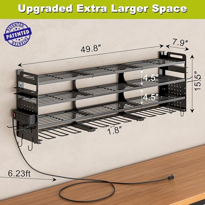 12 Cordless Drill Holder Large Power Tool Organizer Wall Mount with Side Pegboard & Screwdriver Holder, 4-Tier Heavy Duty Met