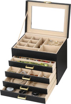 Kendal Jewelry Box, 5-Layer Jewelry Organizer Box with Glass Lid, Black, Heart Shaped PU Leather, Storage Box for Necklace Ea