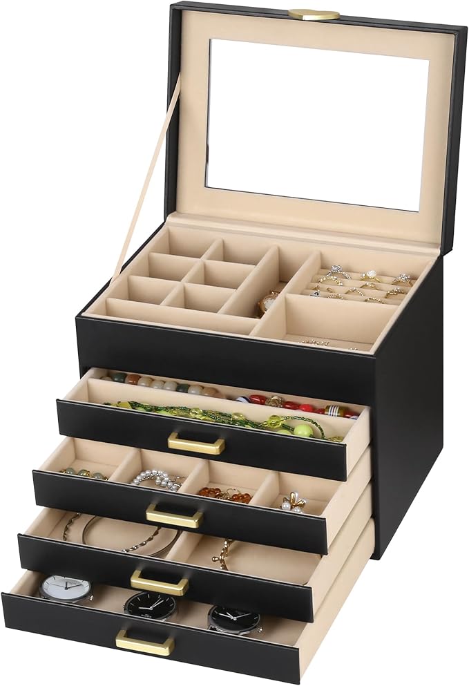 Kendal Jewelry Box, 5-Layer Jewelry Organizer Box with Glass Lid, Black, Heart Shaped PU Leather, Storage Box for Necklace Ea