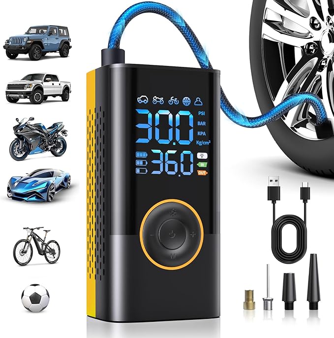 Tire Inflator Portable Air Compressor Portable Cordless Mini Air Pump with Digital Pressure Gauge Inflater 150PSI Fast Inflation and Auto Shutoff Function Tires Pump for Cars Motorcycles Bikes(Yellow)