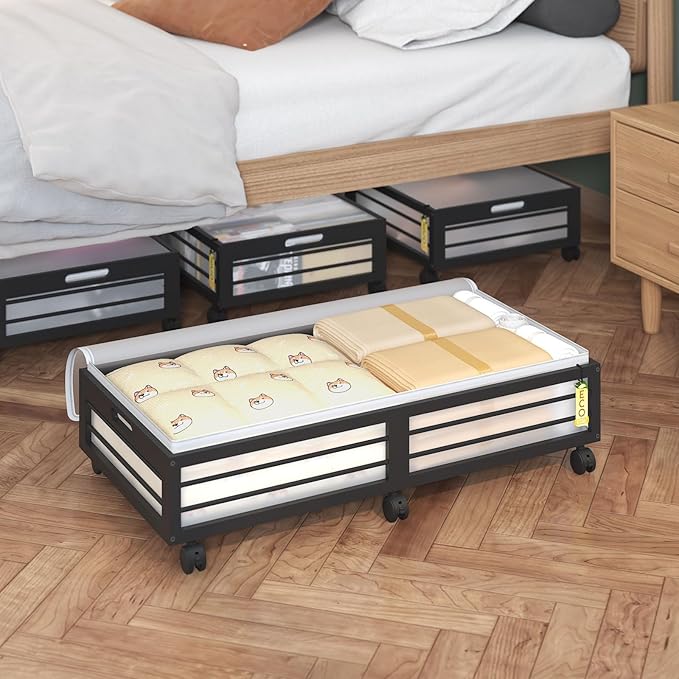 Bamboo Underbed Storage Containers with Wheels & Bag 2 Pack, Large Under Bed Rolling Storage Bins Wood Under Bed Clothes Stor