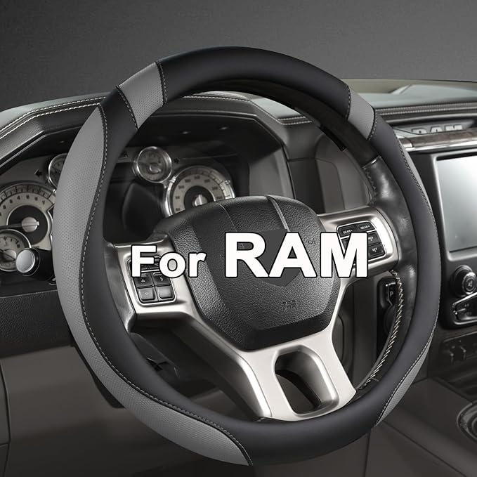 West Llama Customized Auto Car Steering Wheel Cover for Dodge RAM 1500 2500 3500, 15.5-16 inch (Black+Gray-Large Size)