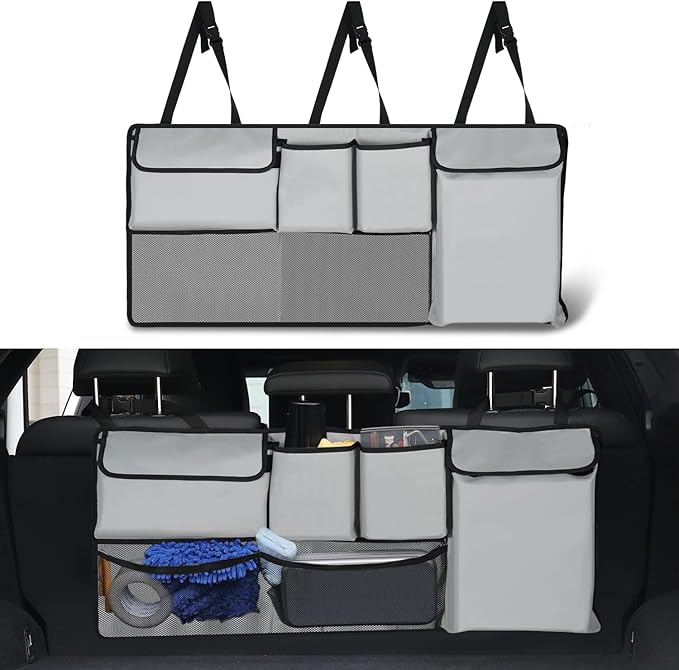 UYYE Trunk Hanging Organizer, Backseat Storage Bag, Collapsible Car Interior Accessories with 4 Pockets & 2 Mesh Pouches for