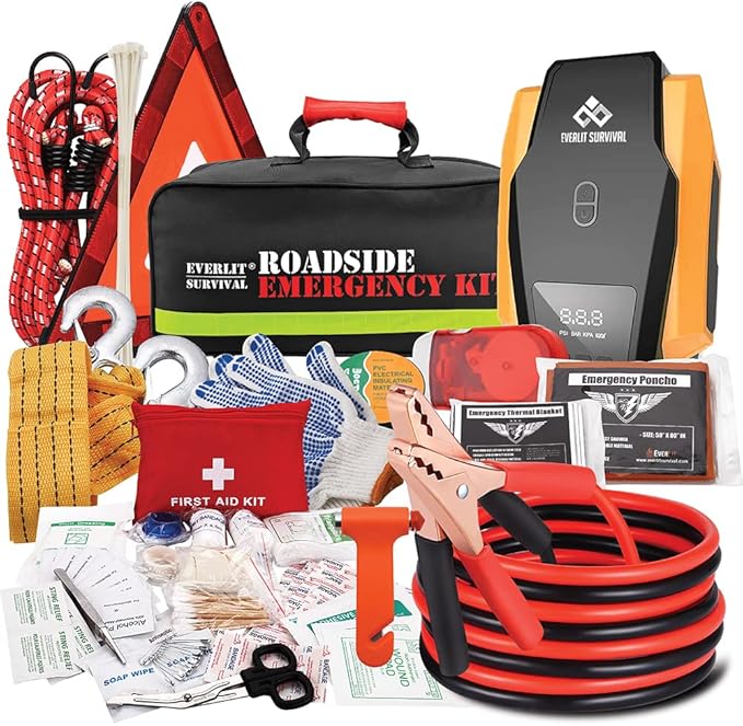 Everlit Survival Car Emergency Kit, Roadside Safety Tool Kit with Gloves,Digital Auto Air Compressor Tire Inflator, First Aid