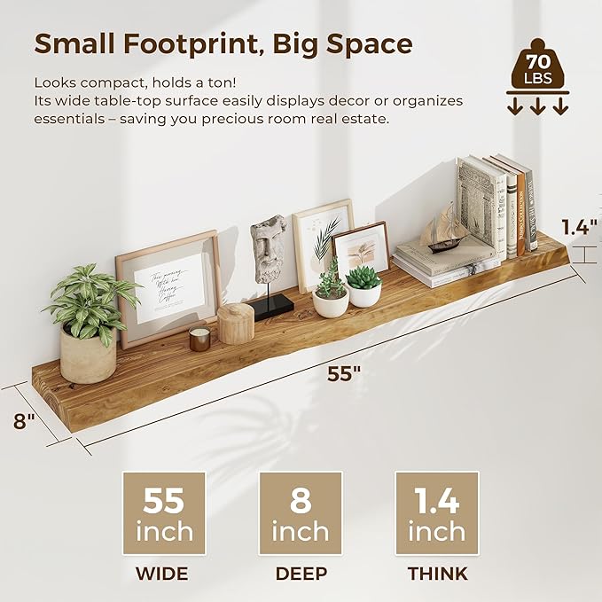 55 Inch Floating Shelves for Wall, Solid Elm Wood Live Edge Wall Shelf for Home Decor, 8 Inch Deep Floating Shelf, 55 x 8 Woo