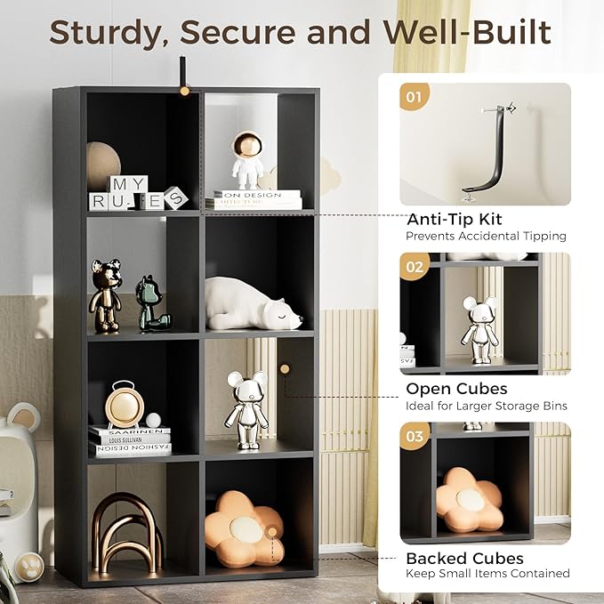 COMHOMA 8 Wood Cube Storage Organizer with Open Back and Removable Back Panels, 11In Black Cube Storage Bookshelf, Cubicle Sh