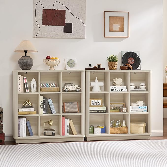 9 Cube Storage Book Shelf, 41" Tall Organizer Bookcase with Curved Edge, Wood Floor Standing 3-Tier Cubby Bookshelf with Base