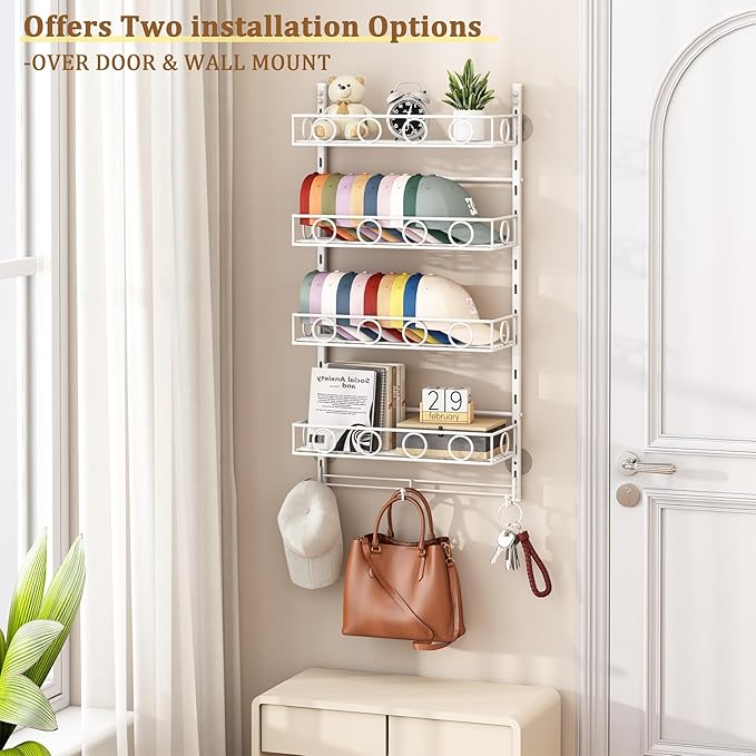 Over Door Hat Organizer 5 Tier Wall Mounted Hat Rack with 4 Adjustable Metal Basket and 3 Hooks Hat Organizer for Baseball ca
