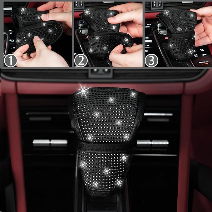 NBTEPEM 30 Pcs Black Bling Car Accessories Set for Women, Steering Wheel Cover Set, Bling Console Cover, Seat Belt Cushion, Shift Knob Cushion, Cup Holder Coaster, Rhinestone Car Hanging Accessories