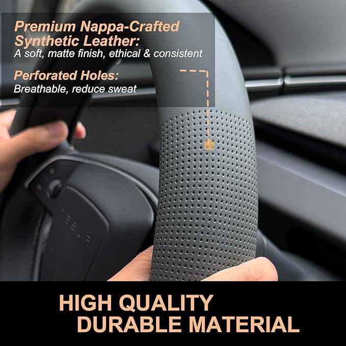 PINCTROT Nappa Leather Steering Wheel Cover for Tesla Model Y/3 Highland/Juniper, D Shaped 14 Inch Small Sized with Breathabl