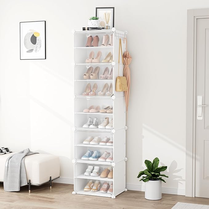 Shoe Rack 10 Tier Shoe Storage Cabinet with Door 20 Pair Tall Shoes Rack Organizer Free Standing Expandable Stable Plastic Ea