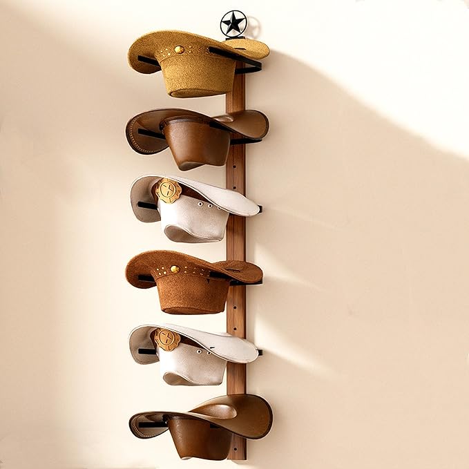 Cowboy Hat Rack for Wall – 3-Piece Western Hat Holder, Rustic Wooden & Metal Wall Mounted Cowboy Hat Organizer, Holds up to 6