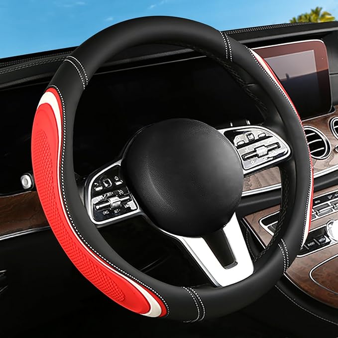 Leather Splicing Black Red White Car Steering Wheel Cover,14.5-15 Inch Universal Microfiber Leather Covers Breathable Anti-Sl