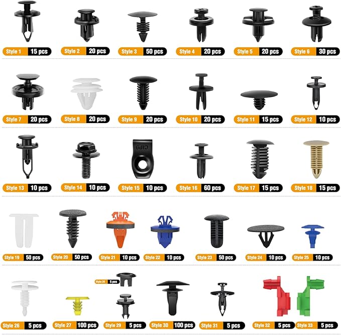 GOOACC 975Pcs Car Push Retainer Clips & Auto Fasteners Assortment 33 Most Popular Sizes Bumper Fender Rivets with Cable Ties 