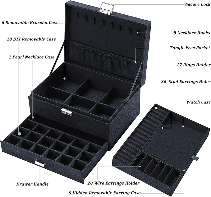 QBestry Jewelry Box for Women with Drawer, 3-Layer Large Jewelry Organizer with Lock & Key, 8 Necklace Hooks & 56 Earring Hol