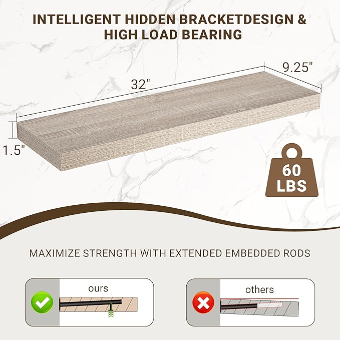 32 Inch Floating Shelves, 3D Textured Wood Grain, 32"x9.25"x1.5" Inch Deep Floating Shelves for Wall, Wooden Shelves for Bath