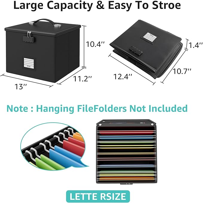 2 Pack Fireproof Document Box File Organizer - Portable Waterproof Fire Safe Locking Filing Storage Box with Handle for Hangi