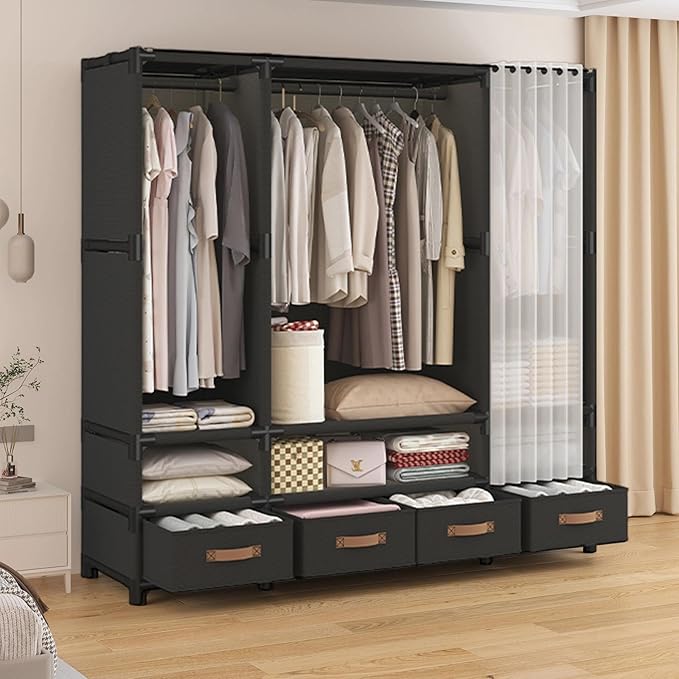 Portable Closet,Portable Closets for Hanging Clothes,Japanese Style Wardrobe Clothing Rack with 4 Drawers,3 Hanging Rods and 