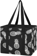 Black Pineapple Reusable Grocery Bags Large Shopping Tote Bag with Reinforced Bottom Board, Water Resistant Foldable Storage 