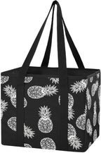 Black Pineapple Reusable Grocery Bags Large Shopping Tote Bag with Reinforced Bottom Board, Water Resistant Foldable Storage 