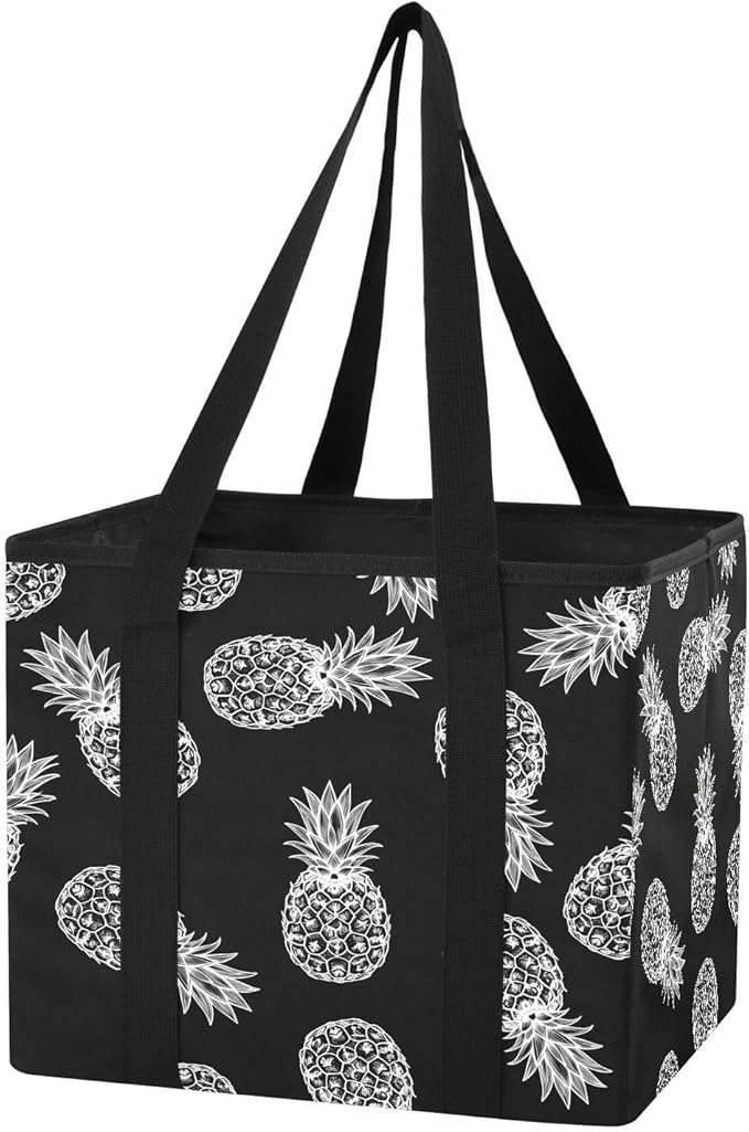 Black Pineapple Reusable Grocery Bags Large Shopping Tote Bag with Reinforced Bottom Board, Water Resistant Foldable Storage 