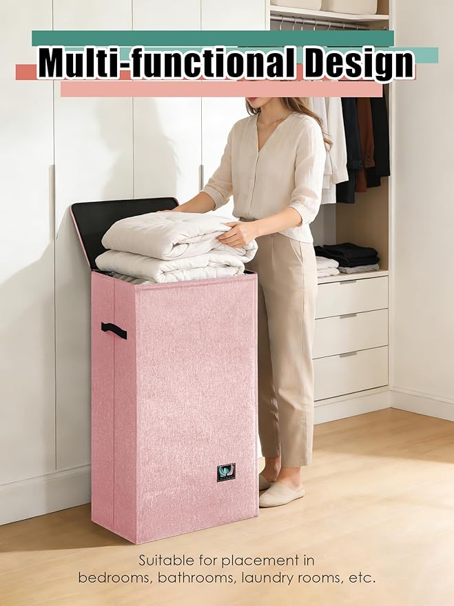 WTREE Laundry Hamper with Lid, Reinforced Sturdy Clothes Hamper with Anti-Puncture Base, Large Collapsible Laundry Basket wit