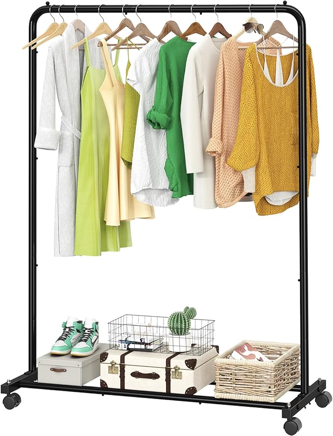 Simple Trending Standard Clothes Clothing Garment Rack with Storage Shelves, Rolling Clothes Organizer on Wheels for Hanging 